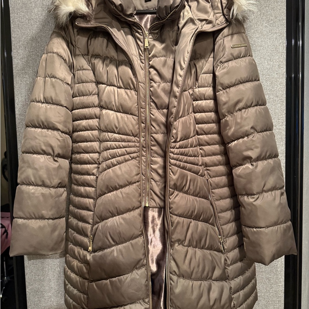 Laundry By Shelli Segal Taupe Puffer Coat with Faux Fur Hood